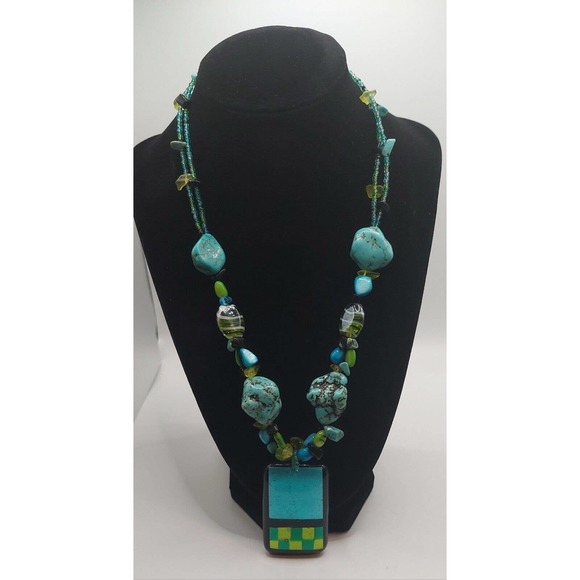 Eclectic Necklace Square Retro 80's Turquiose Pen. W Real Stones Beads 22" Adj - Picture 1 of 2